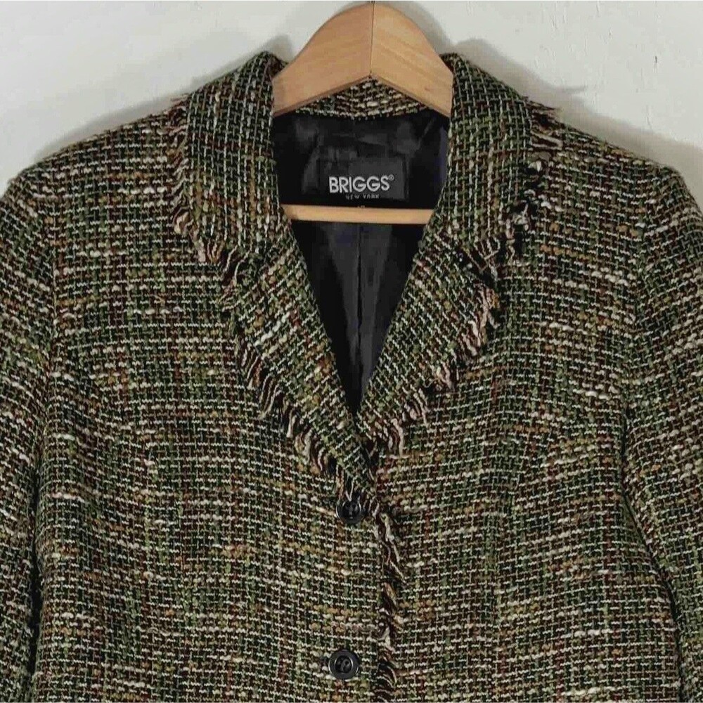 Briggs Green Tweed Blazer Jacket Womens 12 Fringe Dark Academia Career Office